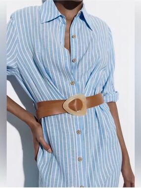 Zara Blue and White Striped Linen Blend Midi Dress with Tan Belt